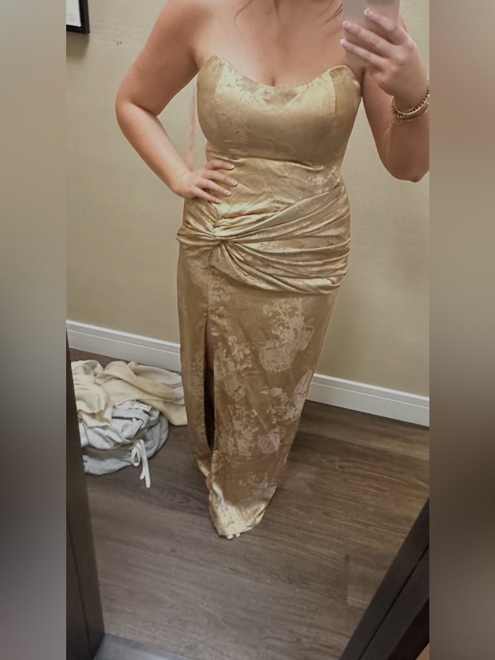 Lulus Whitney gold jacquard strapless twist front dress